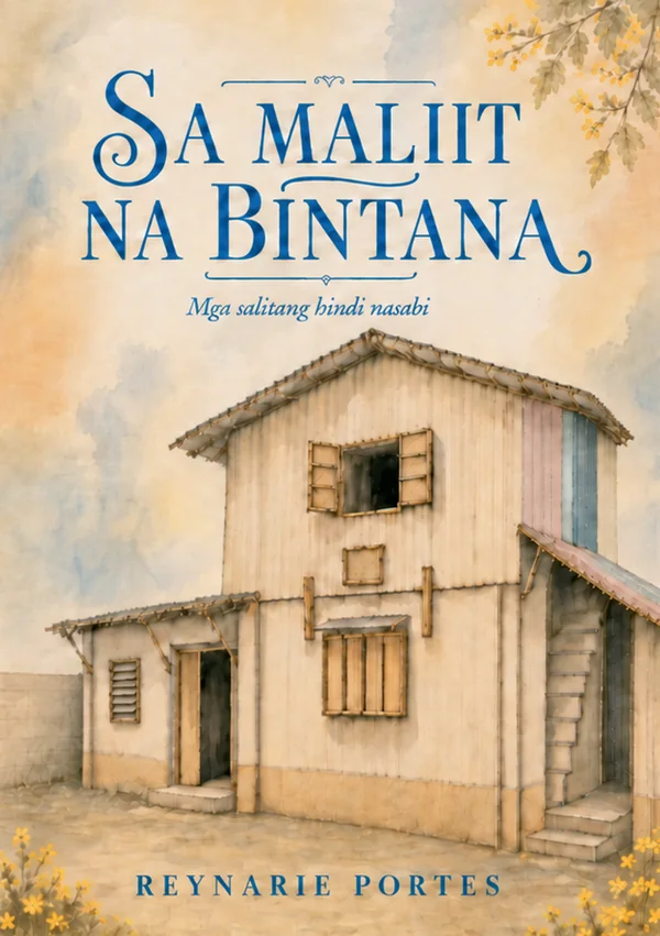 The paperback of Sa Maliit na Bintana standing upright: a watercolour of a wooden house with a small open window.